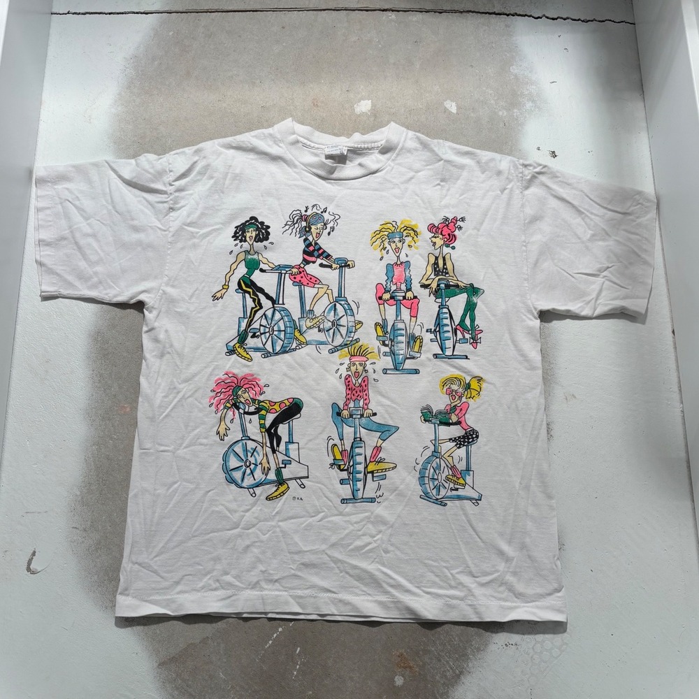 Vintage 90s Aerobics Spin Class Graphic T-Shirt White Mens XL USA Made